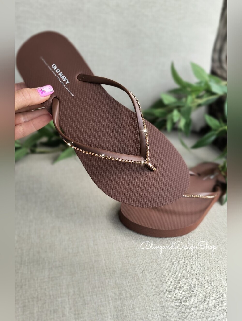 Old Navy Brown Flip Flop Sandals Customized With Rose Gold Swarovski Crystals